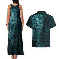 New Zealand Skull Darts Couples Matching Tank Maxi Dress and Hawaiian Shirt Aotearoa Maori Chest Tattoo Stylized Teal - Polynesian Pride