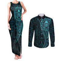 New Zealand Skull Darts Couples Matching Tank Maxi Dress and Long Sleeve Button Shirt Aotearoa Maori Chest Tattoo Stylized Teal - Polynesian Pride