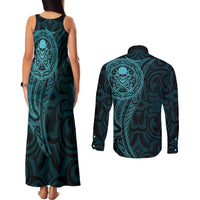 New Zealand Skull Darts Couples Matching Tank Maxi Dress and Long Sleeve Button Shirt Aotearoa Maori Chest Tattoo Stylized Teal - Polynesian Pride