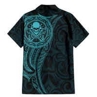 New Zealand Skull Darts Family Matching Mermaid Dress and Hawaiian Shirt Aotearoa Maori Chest Tattoo Stylized Teal - Polynesian Pride