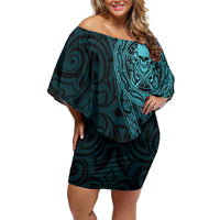 New Zealand Skull Darts Family Matching Off Shoulder Short Dress and Hawaiian Shirt Aotearoa Maori Chest Tattoo Stylized Teal - Polynesian Pride