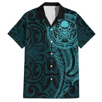New Zealand Skull Darts Family Matching Puletasi and Hawaiian Shirt Aotearoa Maori Chest Tattoo Stylized Teal - Polynesian Pride