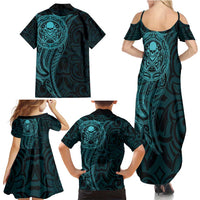 New Zealand Skull Darts Family Matching Summer Maxi Dress and Hawaiian Shirt Aotearoa Maori Chest Tattoo Stylized Teal - Polynesian Pride
