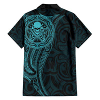 New Zealand Skull Darts Family Matching Summer Maxi Dress and Hawaiian Shirt Aotearoa Maori Chest Tattoo Stylized Teal - Polynesian Pride