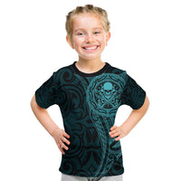 New Zealand Skull Darts Kid T Shirt Aotearoa Maori Chest Tattoo Stylized Teal - Polynesian Pride