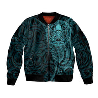 New Zealand Skull Darts Sleeve Zip Bomber Jacket Aotearoa Maori Chest Tattoo Stylized Teal - Polynesian Pride
