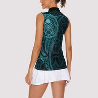 New Zealand Skull Darts Women Sleeveless Polo Shirt Aotearoa Maori Chest Tattoo Stylized Teal - Polynesian Pride
