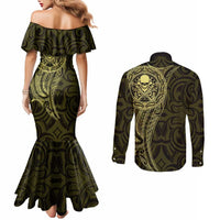 New Zealand Skull Darts Couples Matching Mermaid Dress and Long Sleeve Button Shirt Aotearoa Maori Chest Tattoo Stylized Gold - Polynesian Pride
