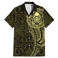 New Zealand Skull Darts Family Matching Mermaid Dress and Hawaiian Shirt Aotearoa Maori Chest Tattoo Stylized Gold - Polynesian Pride