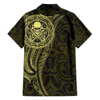 New Zealand Skull Darts Family Matching Off The Shoulder Long Sleeve Dress and Hawaiian Shirt Aotearoa Maori Chest Tattoo Stylized Gold - Polynesian Pride