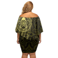 New Zealand Skull Darts Family Matching Off Shoulder Short Dress and Hawaiian Shirt Aotearoa Maori Chest Tattoo Stylized Gold - Polynesian Pride