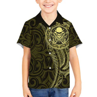 New Zealand Skull Darts Family Matching Puletasi and Hawaiian Shirt Aotearoa Maori Chest Tattoo Stylized Gold - Polynesian Pride