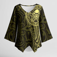 New Zealand Skull Darts Kimono Sleeve Blouse Aotearoa Maori Chest Tattoo Stylized Gold - Polynesian Pride