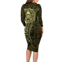 New Zealand Skull Darts Long Sleeve Bodycon Dress Aotearoa Maori Chest Tattoo Stylized Gold - Polynesian Pride