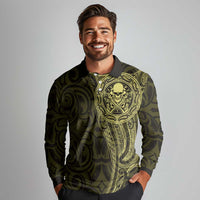 New Zealand Skull Darts Long Sleeve Polo Shirt Aotearoa Maori Chest Tattoo Stylized Gold - Polynesian Pride