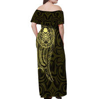 New Zealand Skull Darts Off Shoulder Maxi Dress Aotearoa Maori Chest Tattoo Stylized Gold - Polynesian Pride