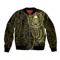 New Zealand Skull Darts Sleeve Zip Bomber Jacket Aotearoa Maori Chest Tattoo Stylized Gold - Polynesian Pride