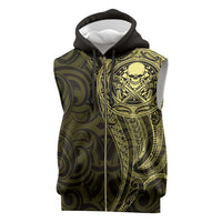 New Zealand Skull Darts Sleeveless Zip Hoodie Aotearoa Maori Chest Tattoo Stylized Gold LT14 Gold - Polynesian Pride