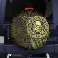 New Zealand Skull Darts Spare Tire Cover Aotearoa Maori Chest Tattoo Stylized Gold - Polynesian Pride