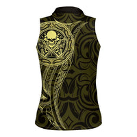 New Zealand Skull Darts Women Sleeveless Polo Shirt Aotearoa Maori Chest Tattoo Stylized Gold - Polynesian Pride