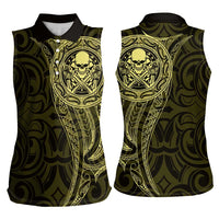 New Zealand Skull Darts Women Sleeveless Polo Shirt Aotearoa Maori Chest Tattoo Stylized Gold - Polynesian Pride