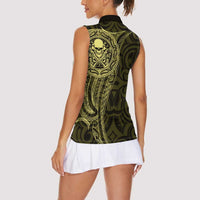 New Zealand Skull Darts Women Sleeveless Polo Shirt Aotearoa Maori Chest Tattoo Stylized Gold - Polynesian Pride