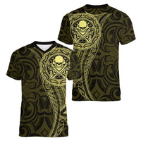 New Zealand Skull Darts Women V-Neck T-Shirt Aotearoa Maori Chest Tattoo Stylized Gold - Polynesian Pride