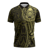 New Zealand Skull Darts Zipper Polo Shirt Aotearoa Maori Chest Tattoo Stylized Gold - Polynesian Pride