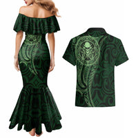 New Zealand Skull Darts Couples Matching Mermaid Dress and Hawaiian Shirt Aotearoa Maori Chest Tattoo Stylized Green - Polynesian Pride