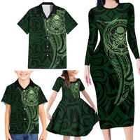 New Zealand Skull Darts Family Matching Long Sleeve Bodycon Dress and Hawaiian Shirt Aotearoa Maori Chest Tattoo Stylized Green - Polynesian Pride