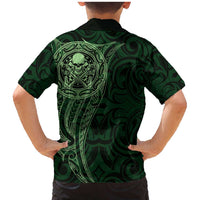 New Zealand Skull Darts Family Matching Mermaid Dress and Hawaiian Shirt Aotearoa Maori Chest Tattoo Stylized Green - Polynesian Pride
