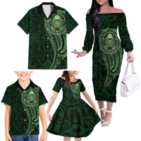 New Zealand Skull Darts Family Matching Off The Shoulder Long Sleeve Dress and Hawaiian Shirt Aotearoa Maori Chest Tattoo Stylized Green - Polynesian Pride