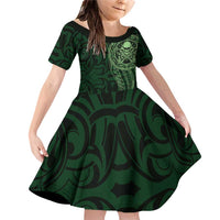 New Zealand Skull Darts Family Matching Off Shoulder Short Dress and Hawaiian Shirt Aotearoa Maori Chest Tattoo Stylized Green - Polynesian Pride