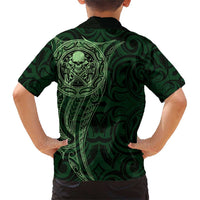 New Zealand Skull Darts Family Matching Short Sleeve Bodycon Dress and Hawaiian Shirt Aotearoa Maori Chest Tattoo Stylized Green - Polynesian Pride