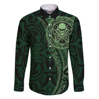 New Zealand Skull Darts Family Matching Short Sleeve Bodycon Dress and Hawaiian Shirt Aotearoa Maori Chest Tattoo Stylized Green - Polynesian Pride
