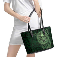 New Zealand Skull Darts Leather Tote Bag Aotearoa Maori Chest Tattoo Stylized Green - Polynesian Pride