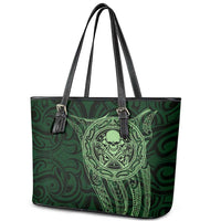 New Zealand Skull Darts Leather Tote Bag Aotearoa Maori Chest Tattoo Stylized Green - Polynesian Pride