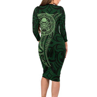 New Zealand Skull Darts Long Sleeve Bodycon Dress Aotearoa Maori Chest Tattoo Stylized Green - Polynesian Pride