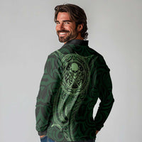 New Zealand Skull Darts Long Sleeve Polo Shirt Aotearoa Maori Chest Tattoo Stylized Green - Polynesian Pride