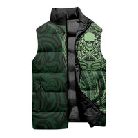 New Zealand Skull Darts Sleeveless Puffer Jacket Aotearoa Maori Chest Tattoo Stylized Green - Polynesian Pride