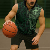 New Zealand Skull Darts Sleeveless Zip Hoodie Aotearoa Maori Chest Tattoo Stylized Green - Polynesian Pride