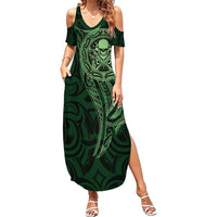 New Zealand Skull Darts Summer Maxi Dress Aotearoa Maori Chest Tattoo Stylized Green - Polynesian Pride