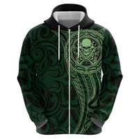 New Zealand Skull Darts Zip Hoodie Aotearoa Maori Chest Tattoo Stylized Green - Polynesian Pride