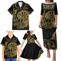 New Zealand Darts Family Matching Puletasi and Hawaiian Shirt Skull In Dart We Trust Maori Pattern - Polynesian Pride