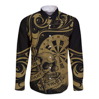 New Zealand Darts Long Sleeve Button Shirt Skull In Dart We Trust Maori Pattern - Polynesian Pride