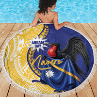 Nauru Angam Day Beach Blanket Naoero Frigatebird With Flag Proud