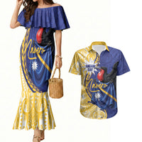Personalised Nauru Angam Day Couples Matching Mermaid Dress and Hawaiian Shirt Naoero Frigatebird With Flag Proud