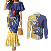Personalised Nauru Angam Day Couples Matching Mermaid Dress and Long Sleeve Button Shirt Naoero Frigatebird With Flag Proud