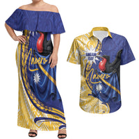 Personalised Nauru Angam Day Couples Matching Off Shoulder Maxi Dress and Hawaiian Shirt Naoero Frigatebird With Flag Proud