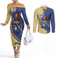 Personalised Nauru Angam Day Couples Matching Off The Shoulder Long Sleeve Dress and Long Sleeve Button Shirt Naoero Frigatebird With Flag Proud
